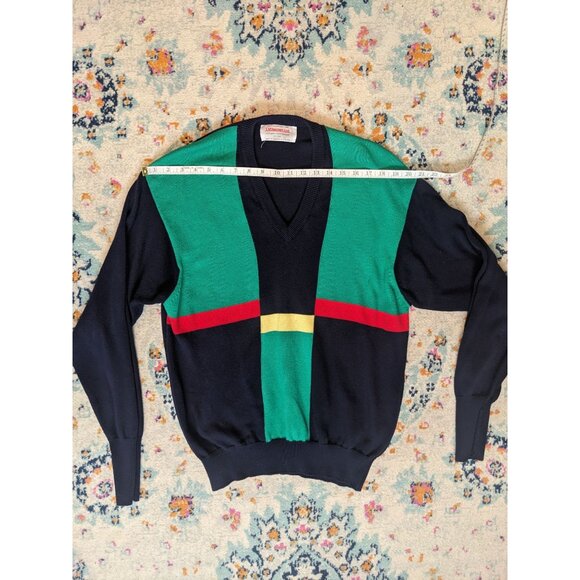 J McInerney Ltd Scotland Navy Green Red Yellow Colorblock V-Neck Sweater: 112/44 - Picture 5 of 8